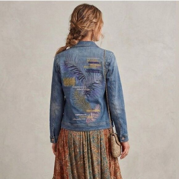 Chico's Jackets & Blazers - Chico's Tropical Embroidered Denim Jacket Small Blue Floral Boho Jean Coat